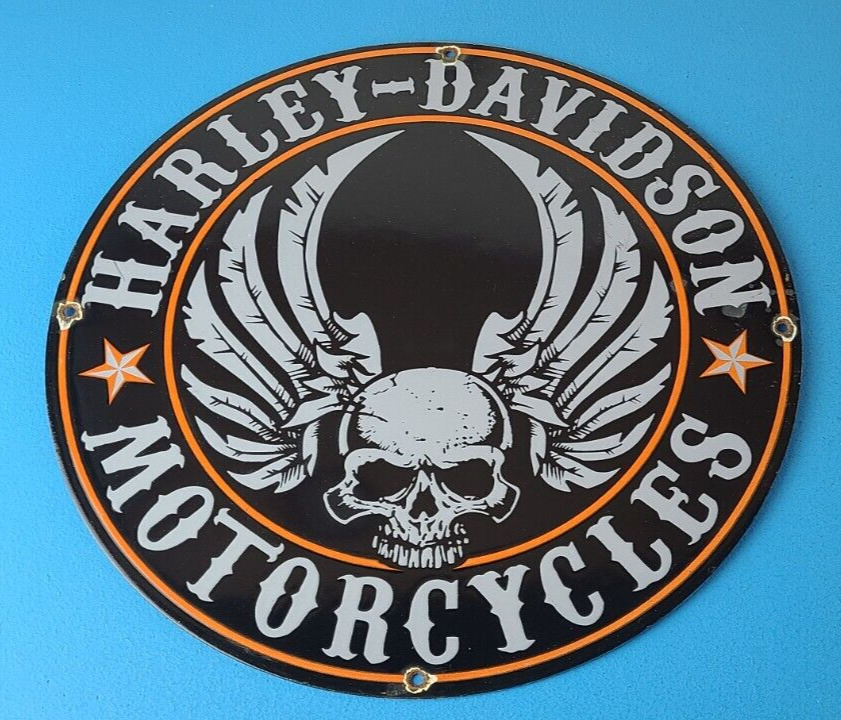 Vintage Harley Davidson Motorcycle Sign - Skull & Wings Gas Pump Porcelain Sign