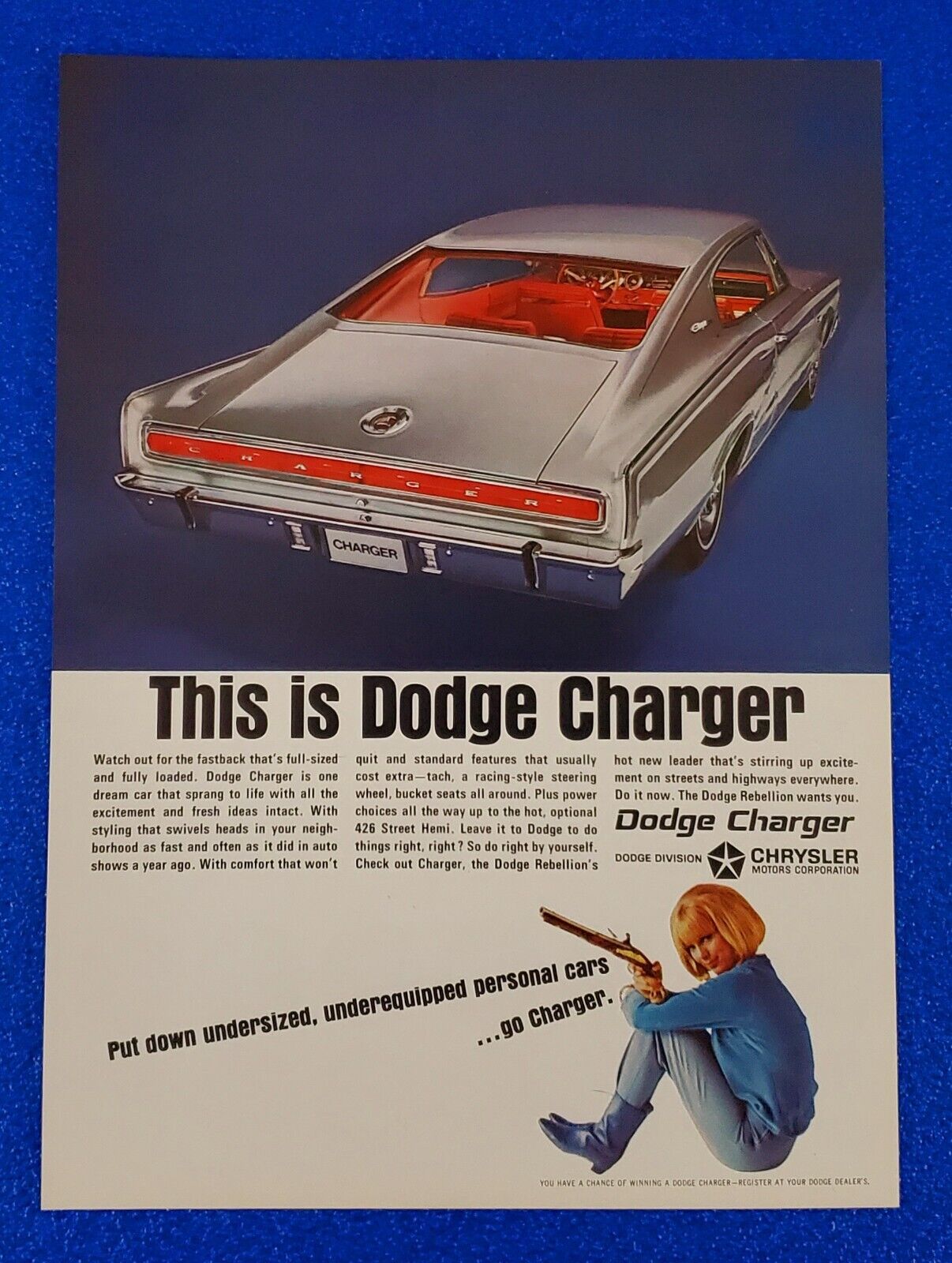 1966 DODGE CHARGER 426 STREET HEMI ORIGINAL COLOR CLASSIC PRINT AD SHIPS FREE