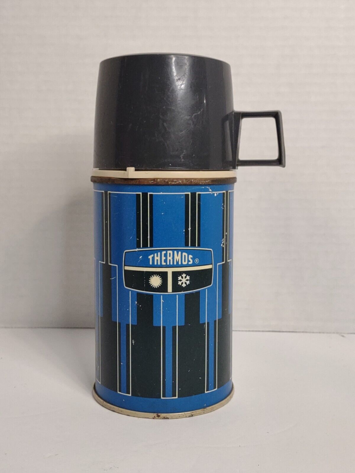 Vtg 1969 Metal Thermos Half Pint Blue & Black Stripe King Seely Vacuum Bottle