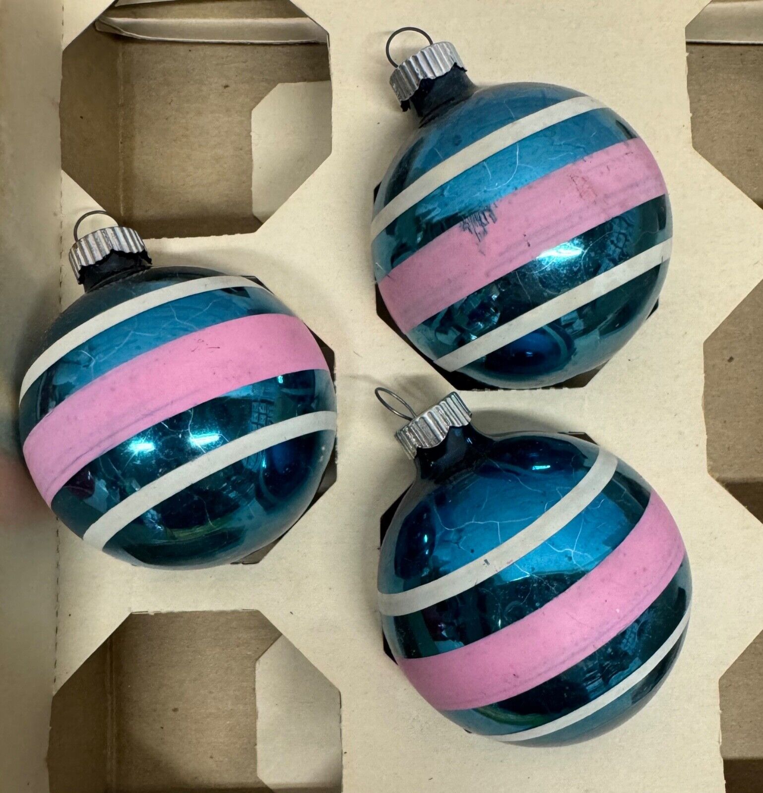 Vtg Shiny Brite Glass Christmas Ornament 3 Stripe Blue Pink 2.5” 1940s Lot of 3