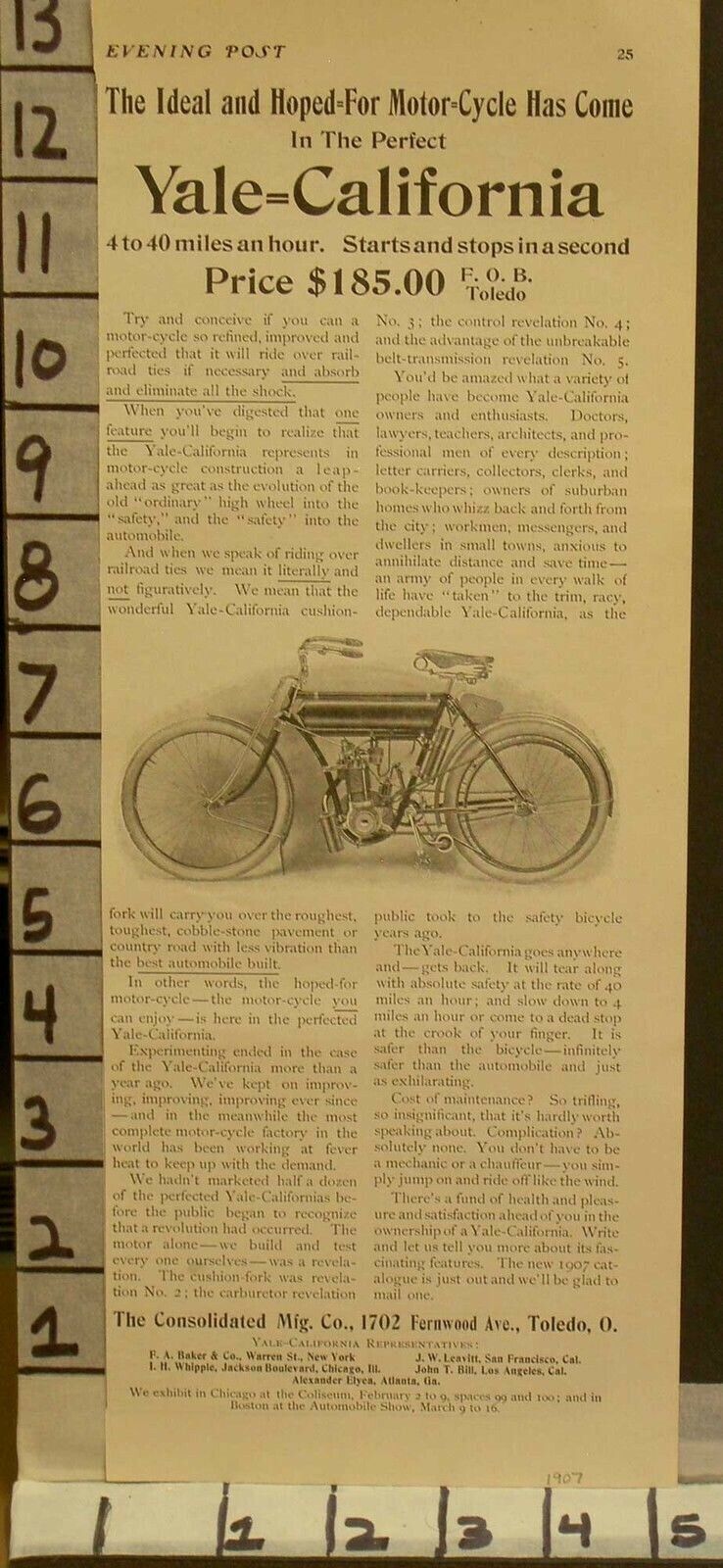 1907 YALE CALIFORNIA MOTORCYCLE SPORT ENGINE CHAIN AMERICAN HISTORY  23123188