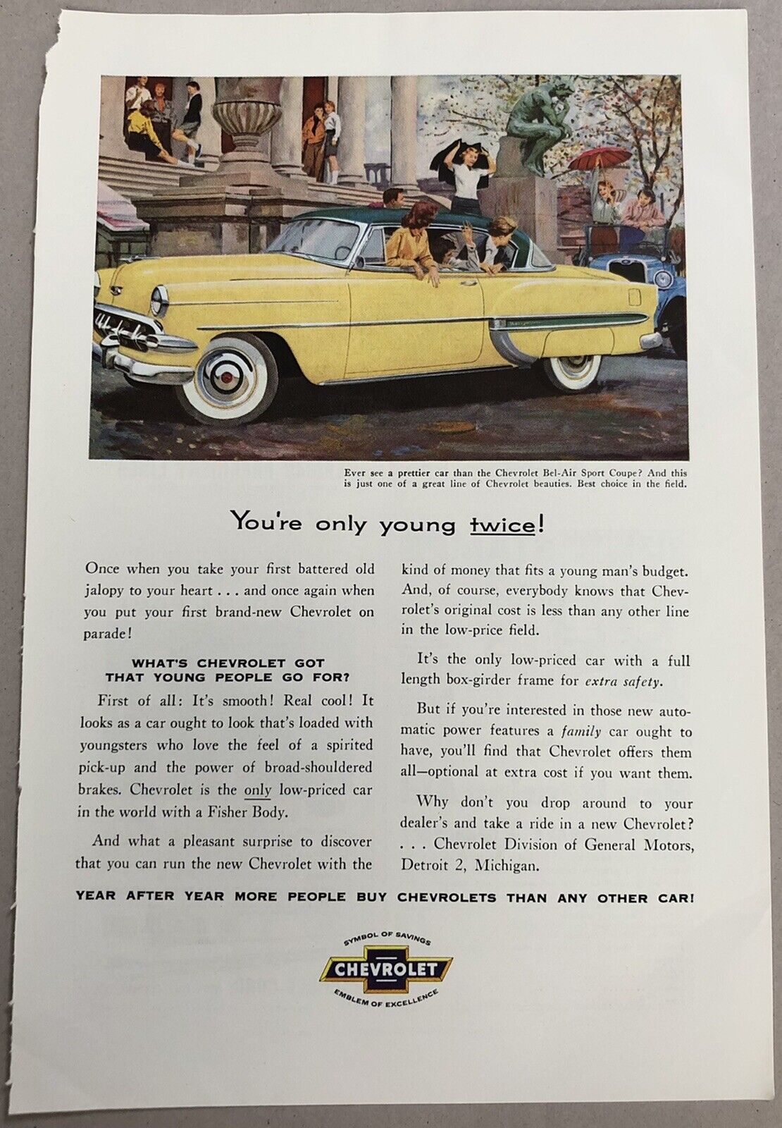 Vintage 1954 Original Print Advertisement Full Page - Chevrolet Only Young Twice