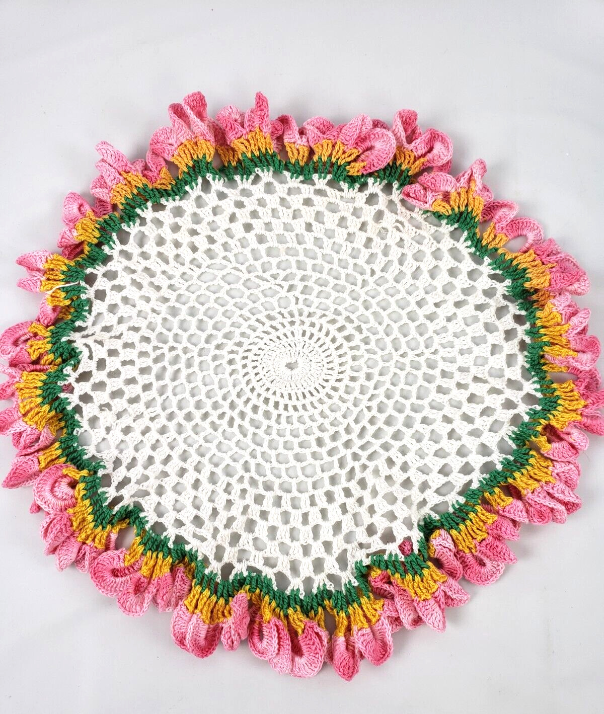 Crochet Doily vintage decoration handmade White Pink 14in wide