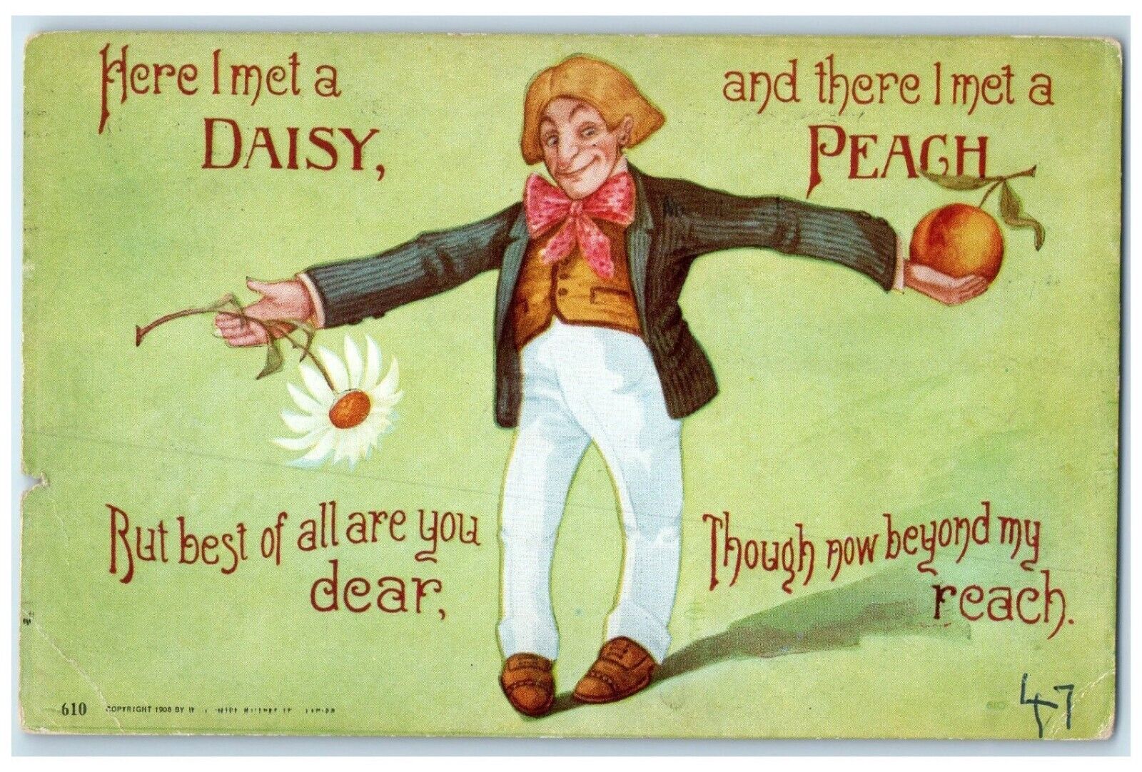1910 Man With Daisy Flowers And Peach Washington DC Posted Antique Postcard