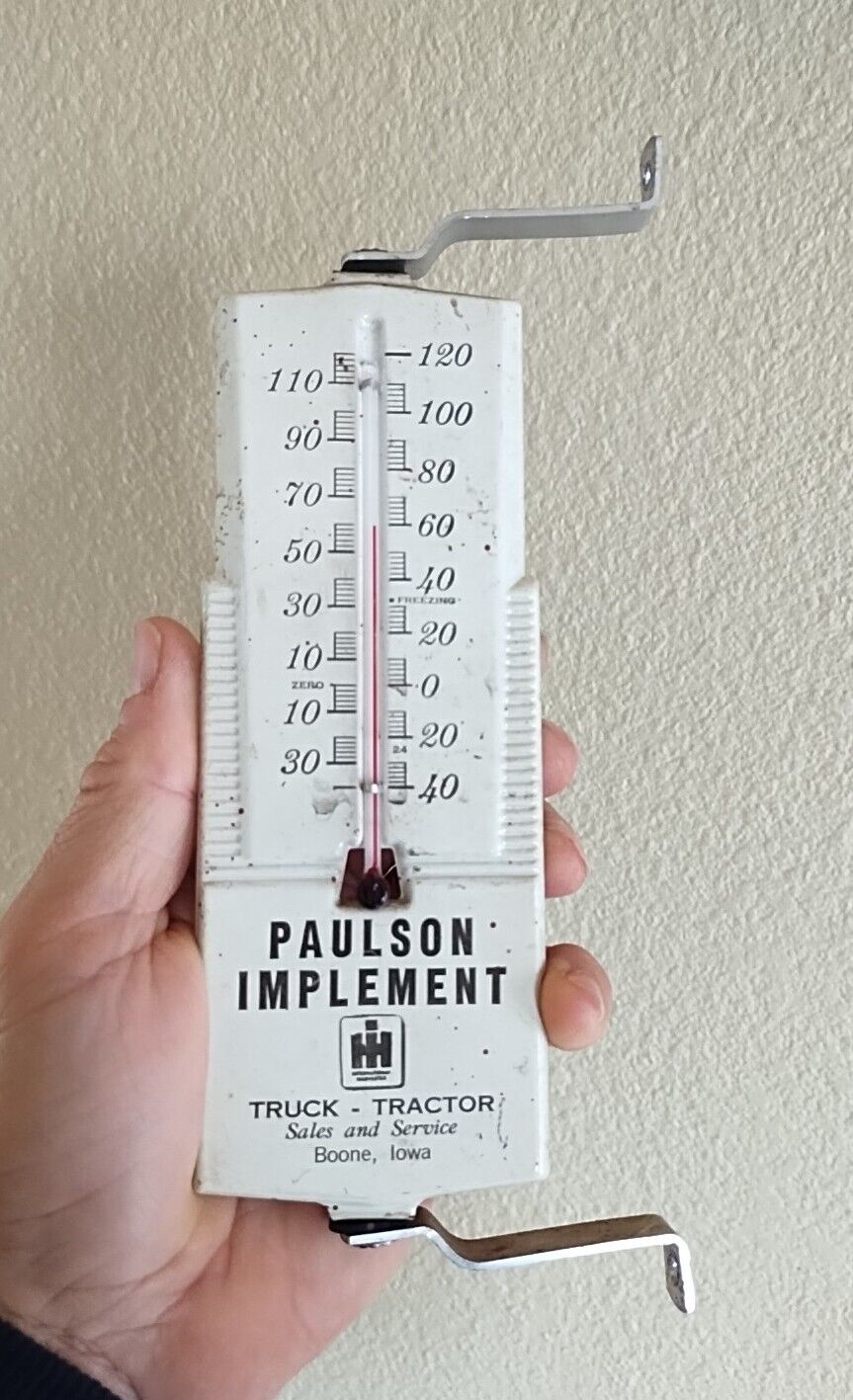 Vtg IH Metal THERMOMETER PAULSON IMPLEMENT TRUCK TRACTOR SALE SERVICE BOONE IOWA