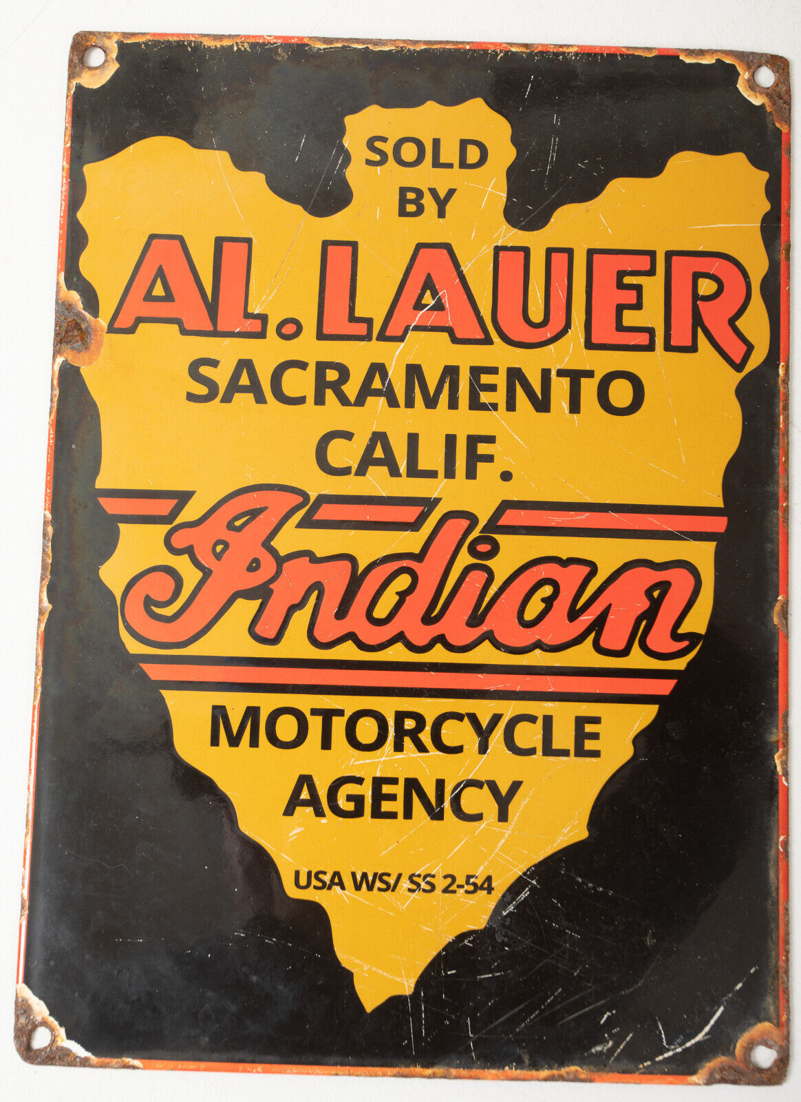 Al Lauer Indian Motorcycles Sacramento (M3R) Porcelain Sign (JSF6) Arrowhead