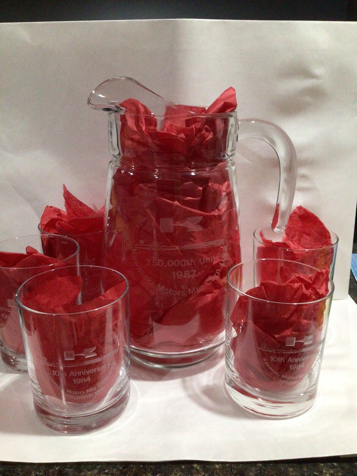 Rare Kawasaki glass beer pitcher & drinking glasses Lincoln Nebraska Advertising