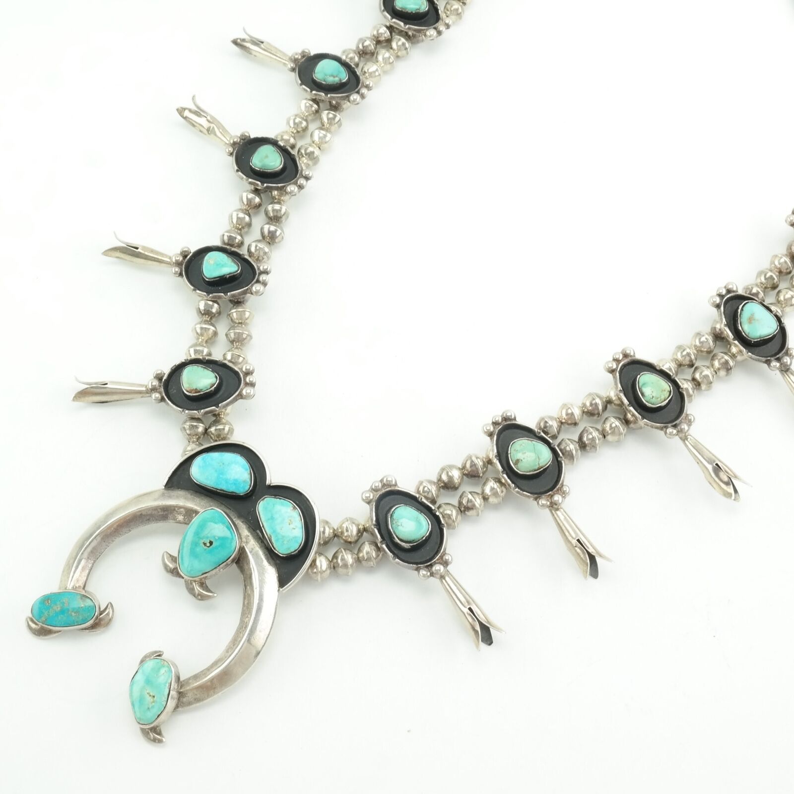 Vintage Squash Blossom Sterling Silver Turquoise Shadowbox Necklace