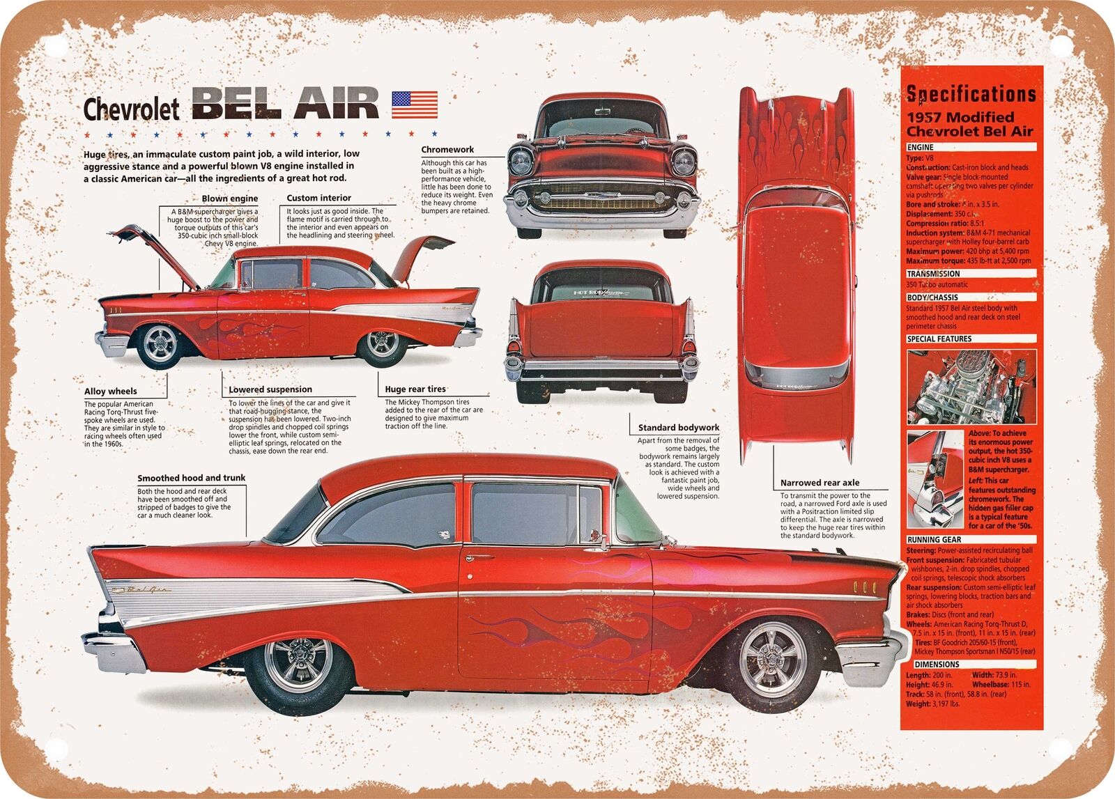 Classic Car Art - 1957 Chevrolet Bel Air Spec Sheet - Rusty Look Metal Sign