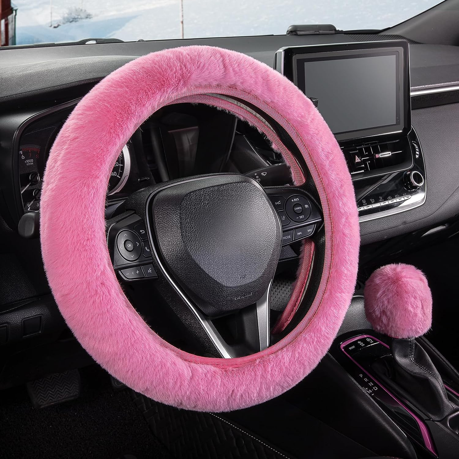 Fluffy Pink Car Steering Wheel and Gear Shift Cover Set - Soft, Warm, and Non-Sl
