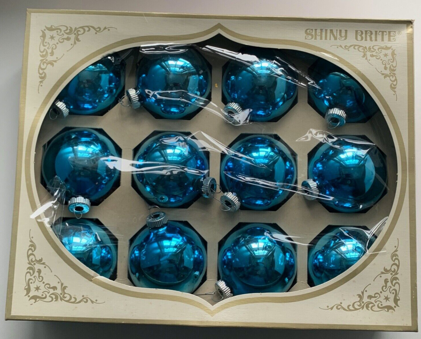 vtg Shiny Brite Glass turquoise blue Christmas tree ORNAMENTS lot Original Box