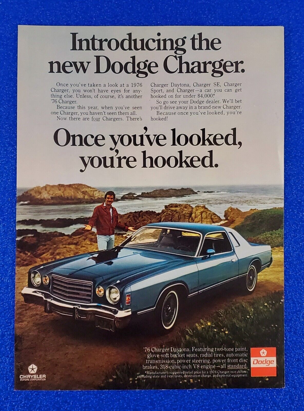 1976 DODGE CHARGER DAYTONA ORIGINAL COLOR PRINT AD TOM SELLECK MAGNUM P.I.