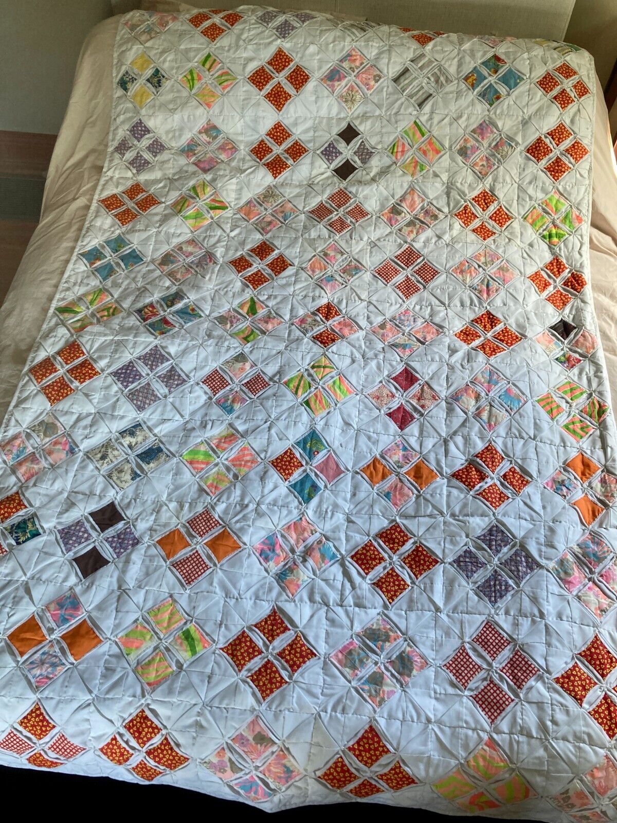 Vintage 1970s Handmade Quilt Cathedral Window Hand Stitched