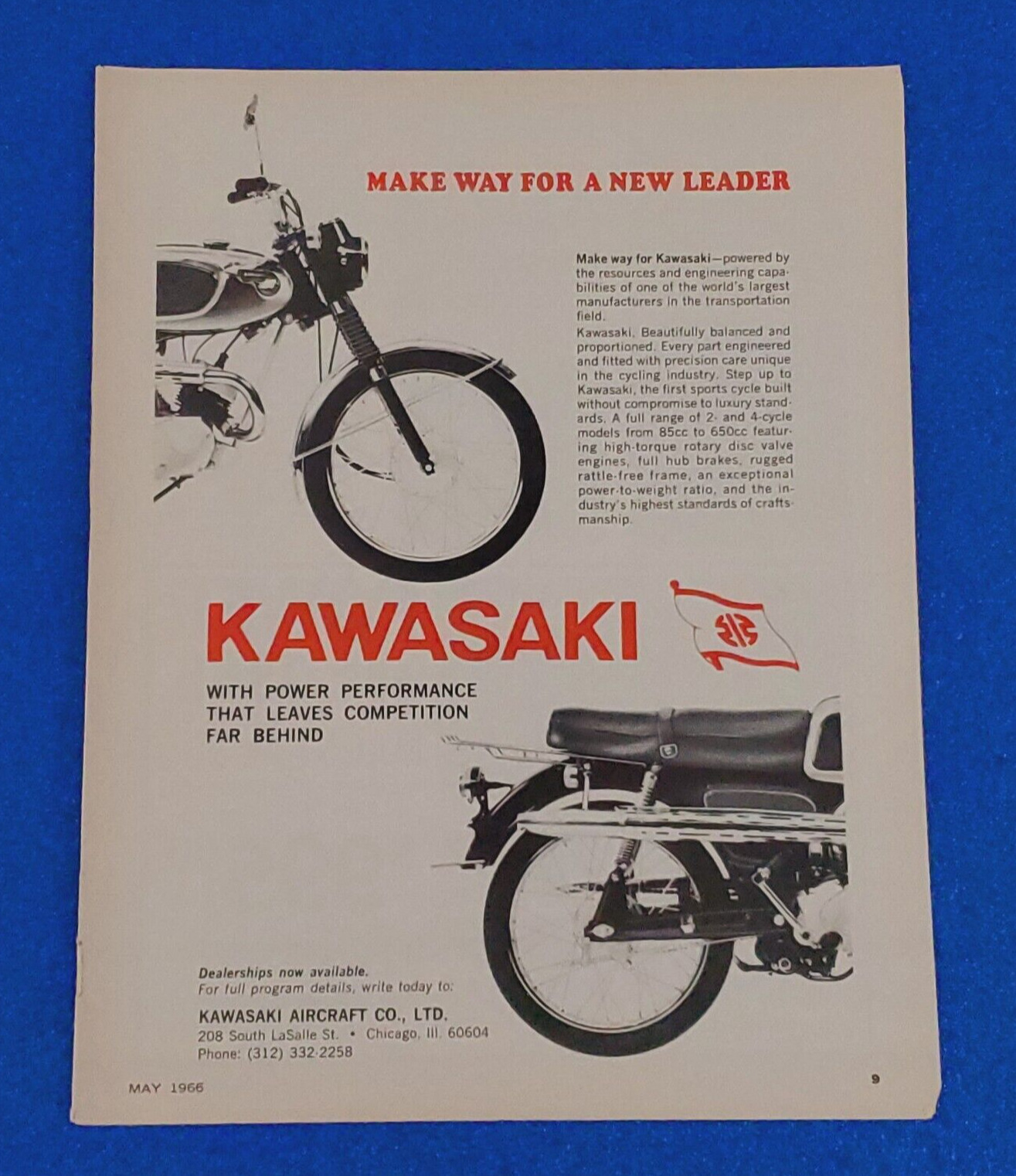1966 KAWASAKI MOTORCYCLE ORIGINAL COLOR PRINT AD \