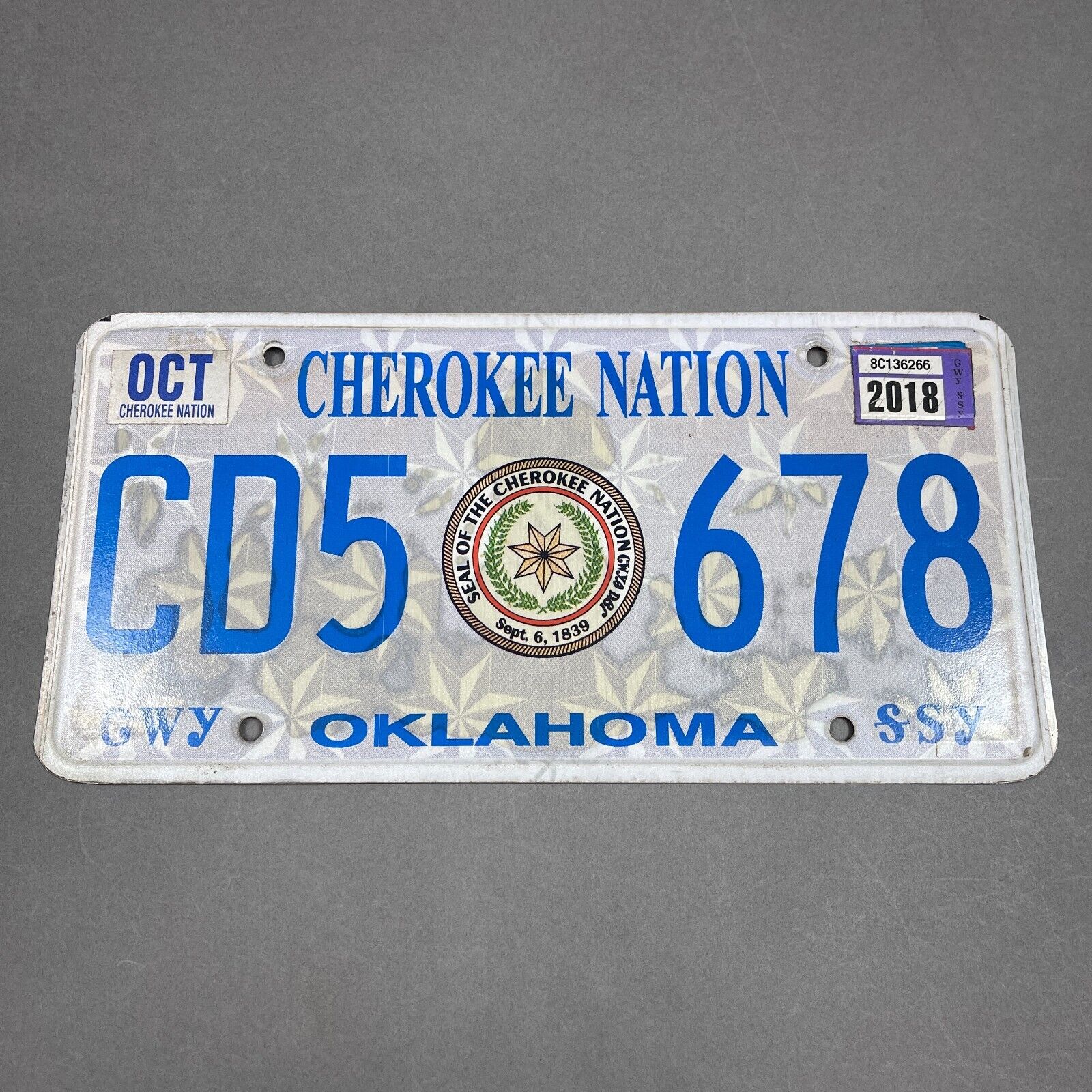 Oklahoma Cherokee Nation License Plate 2018 Tribal Seal Native American Indian