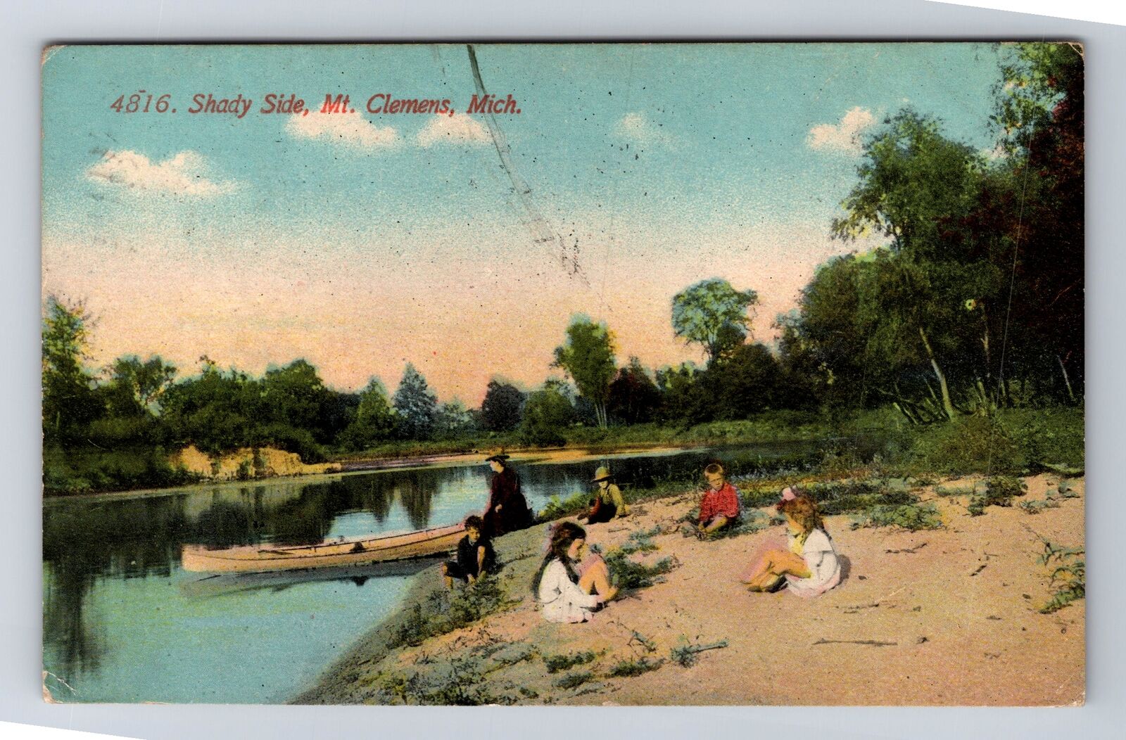Mt Clemens MI-Michigan, Children along Banks at Shady Side, Vintage Postcard