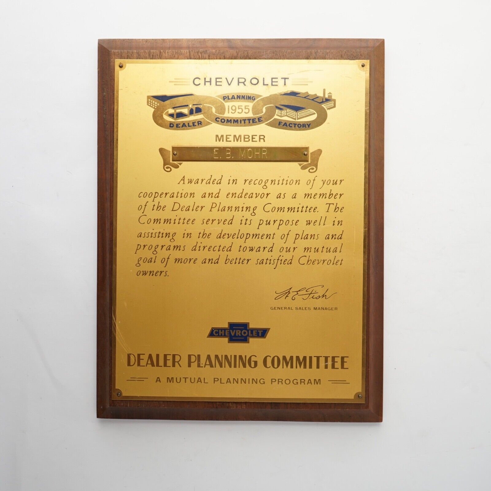 1955 Chevrolet Dealer Planning Committee Factory Member Award Plaque E.B. MOHR