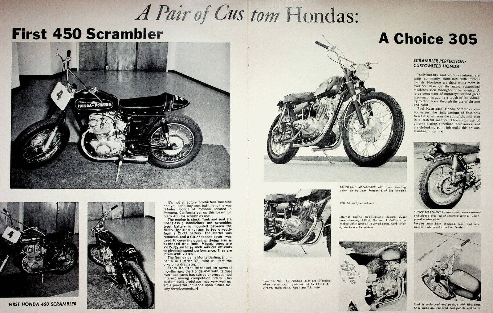 1966 Honda 450 Scrambler 305 Custom Motorcycle - 2-Page Vintage Article