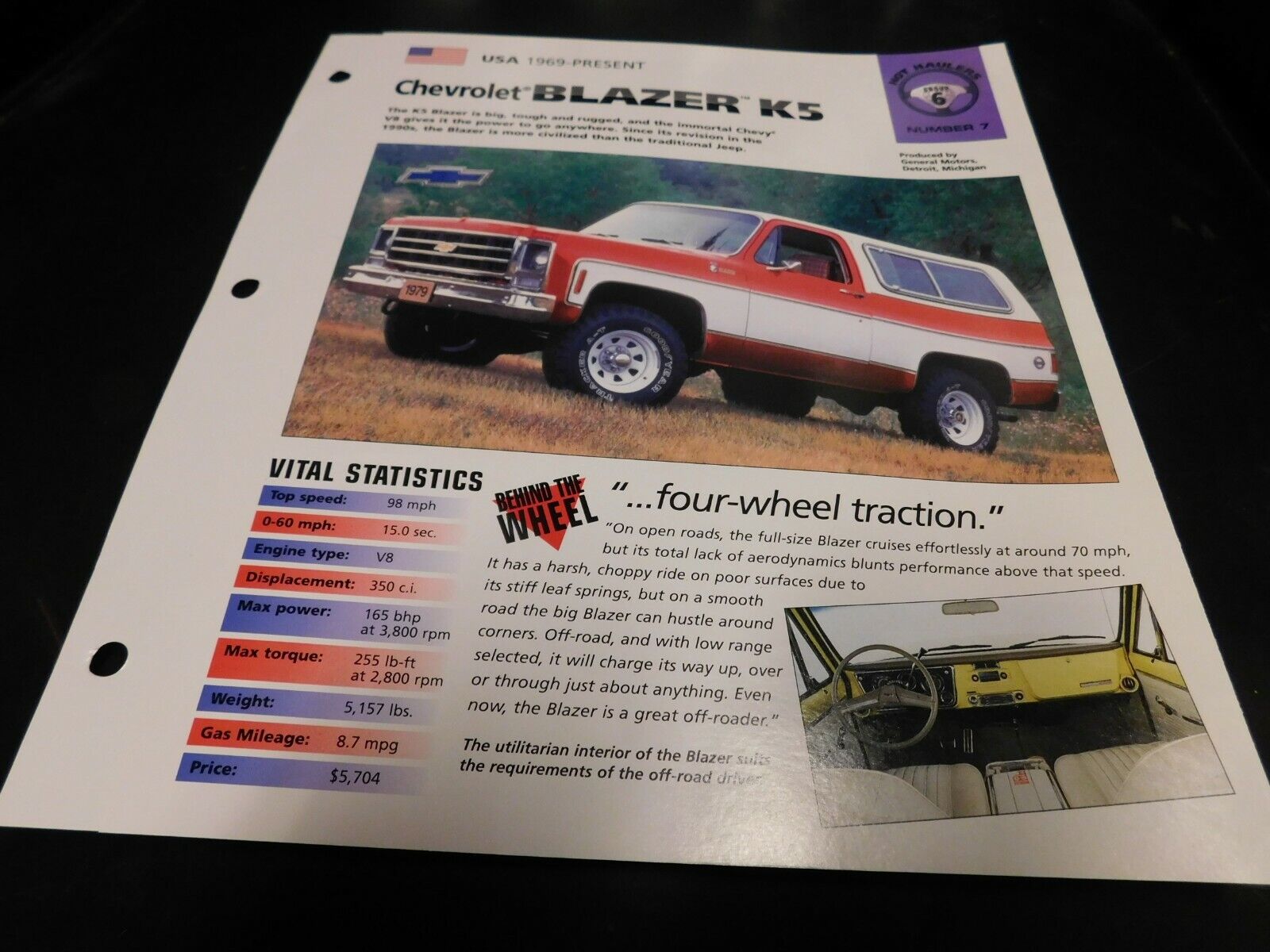 1969-1994 Chevrolet K5 Blazer Spec Sheet Brochure Photo Poster