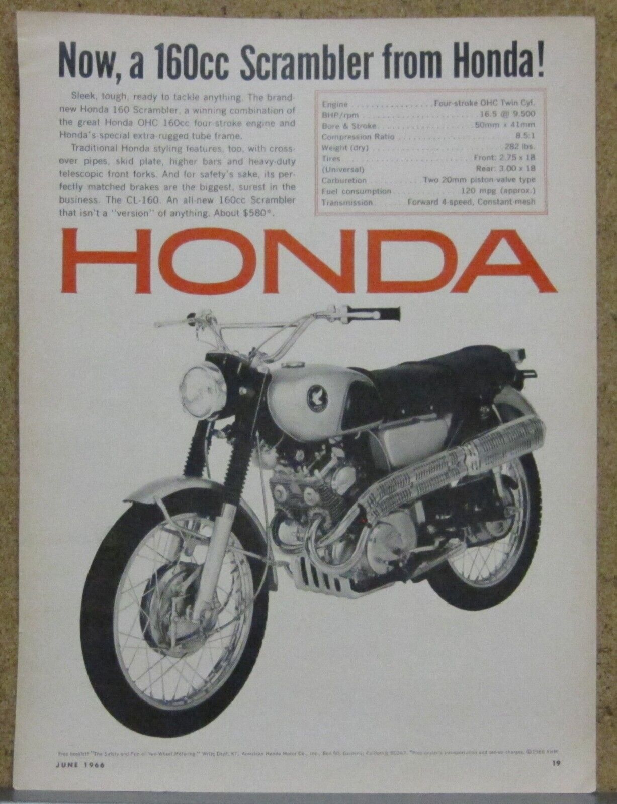 1966 Honda 160 Scrambler Motorcycle Print Ad; CL-160