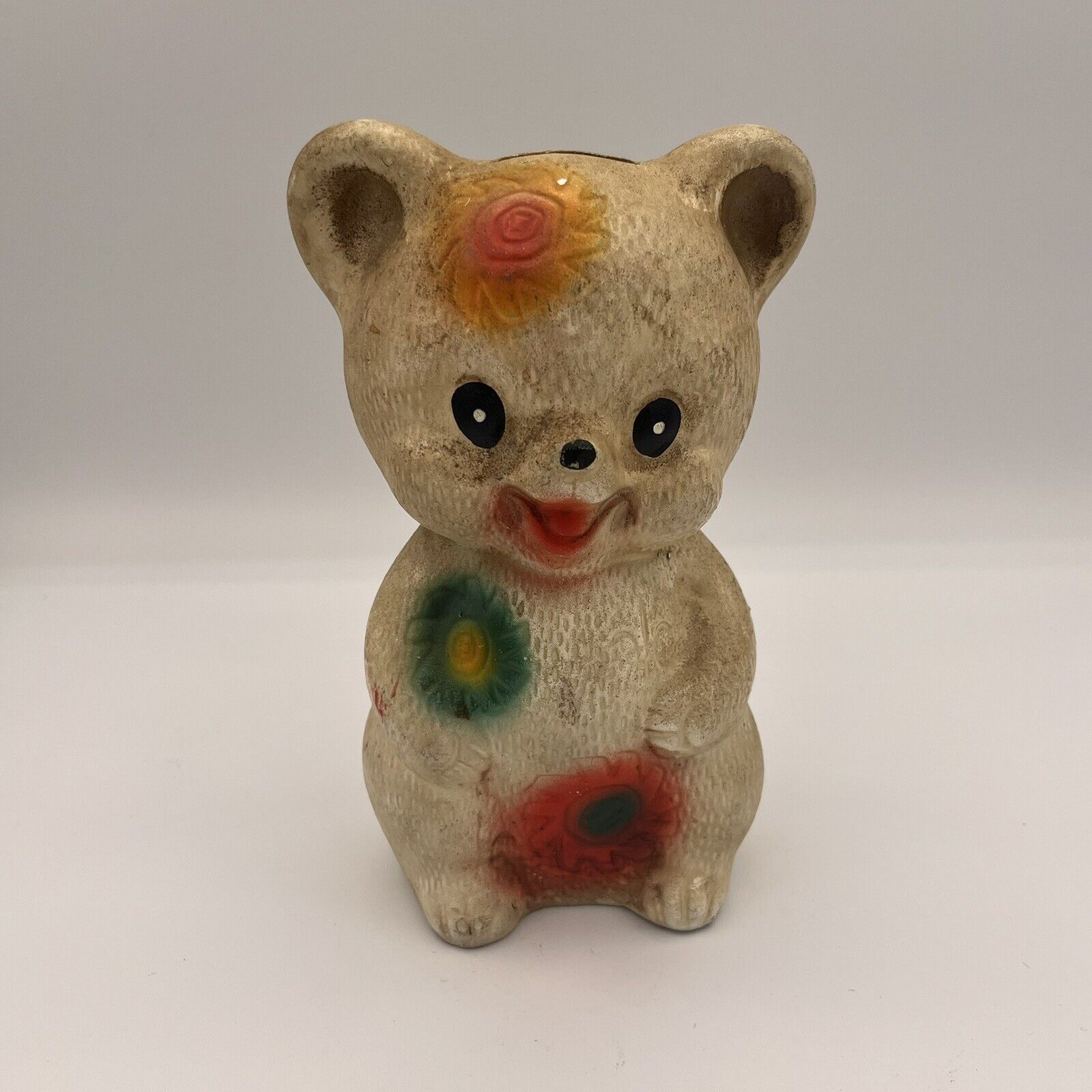 Ceramic Floral Bear Vintage Coin Bank 7 Inches Tall