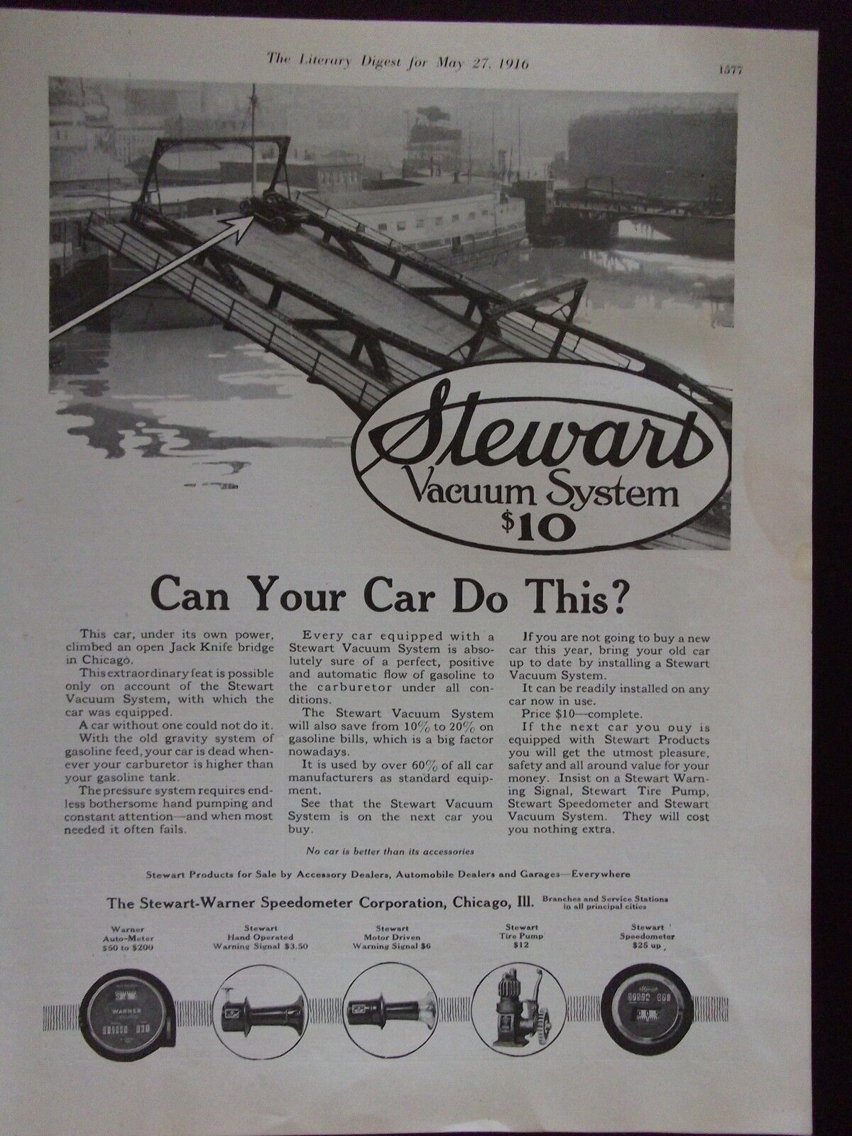 1916 Stewart Vacuum Systems for Cars Advertisement 