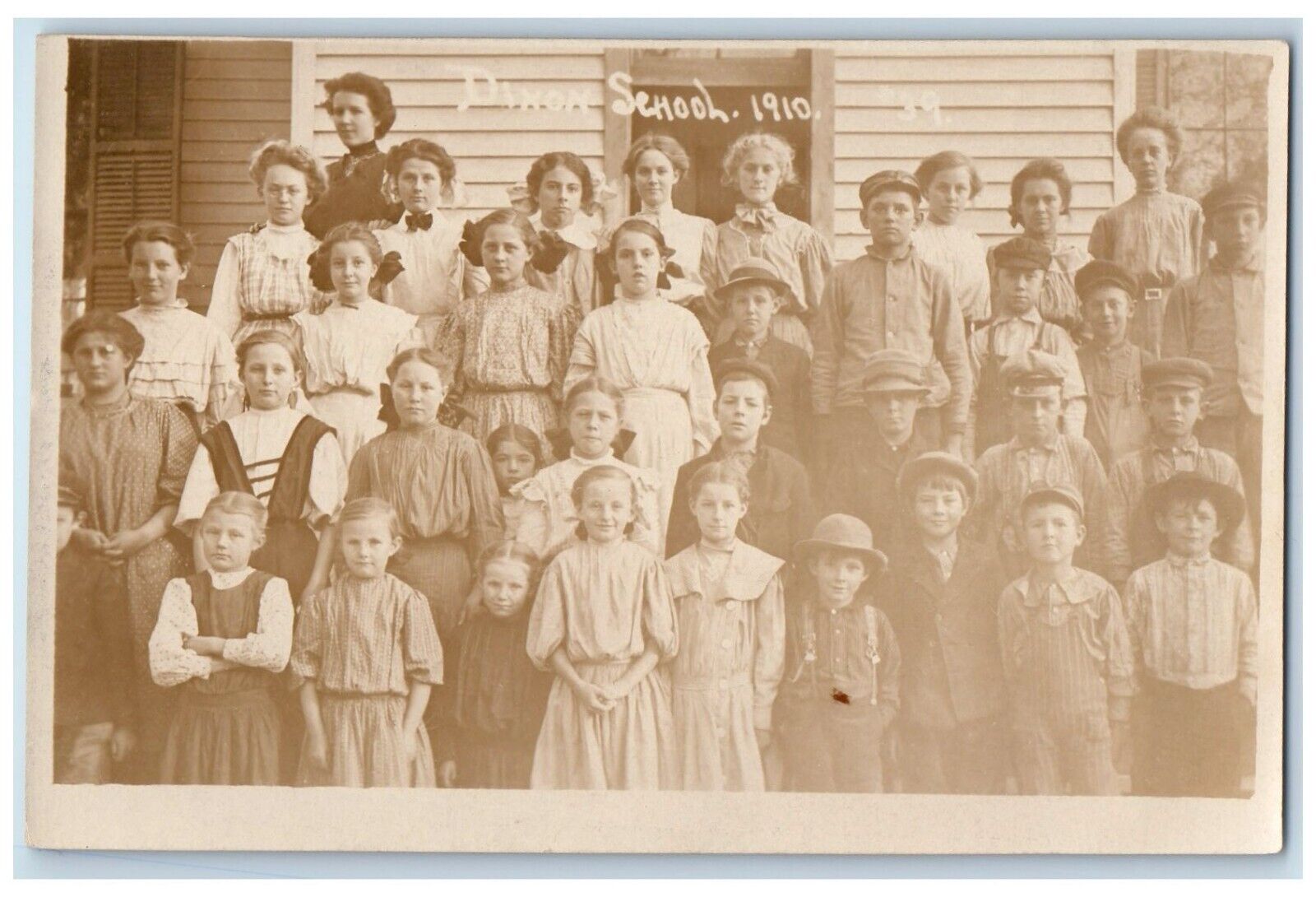 1910 School Children Boys Girls Teacher Dixon Ilinois IL RPPC Photo Postcard