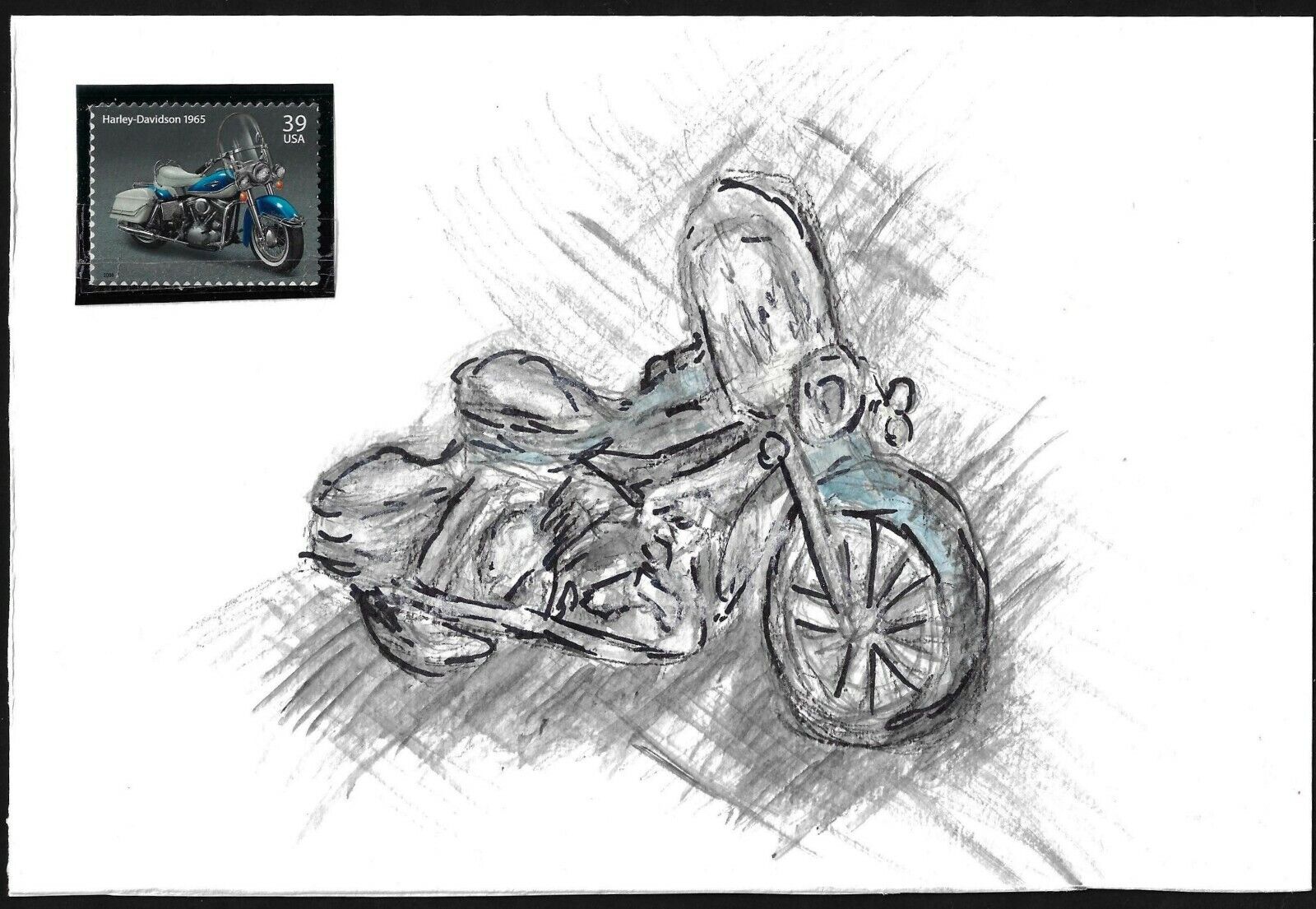 US 1965 HARLEY DAVIDSON CLASSIC BLUE ELECTRA GLIDE MOTORCYCLE AND STAMP