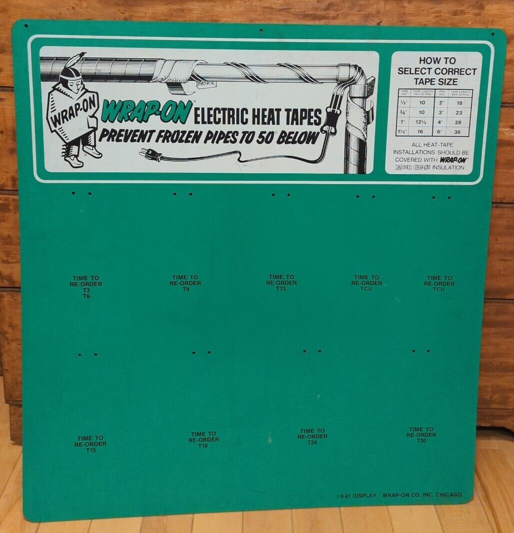 Rare WRAP-ON Electric Heat Tapes Indian Display Advertising Wall Hanging Board 