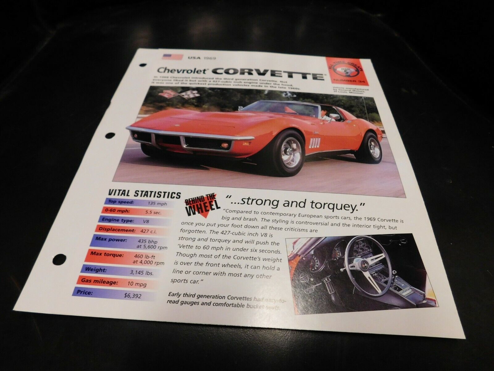 1969 Chevrolet Corvette Spec Sheet Brochure Photo Poster