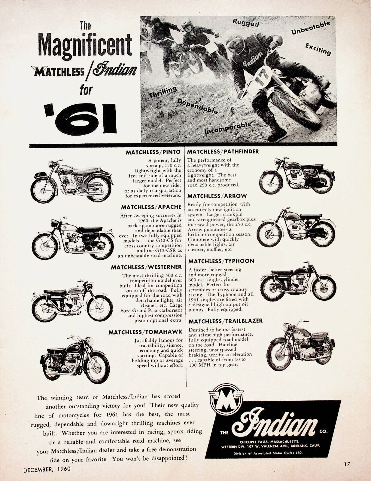 1961 Matchless Indian Motorcycles - Vintage Motorcycle Ad