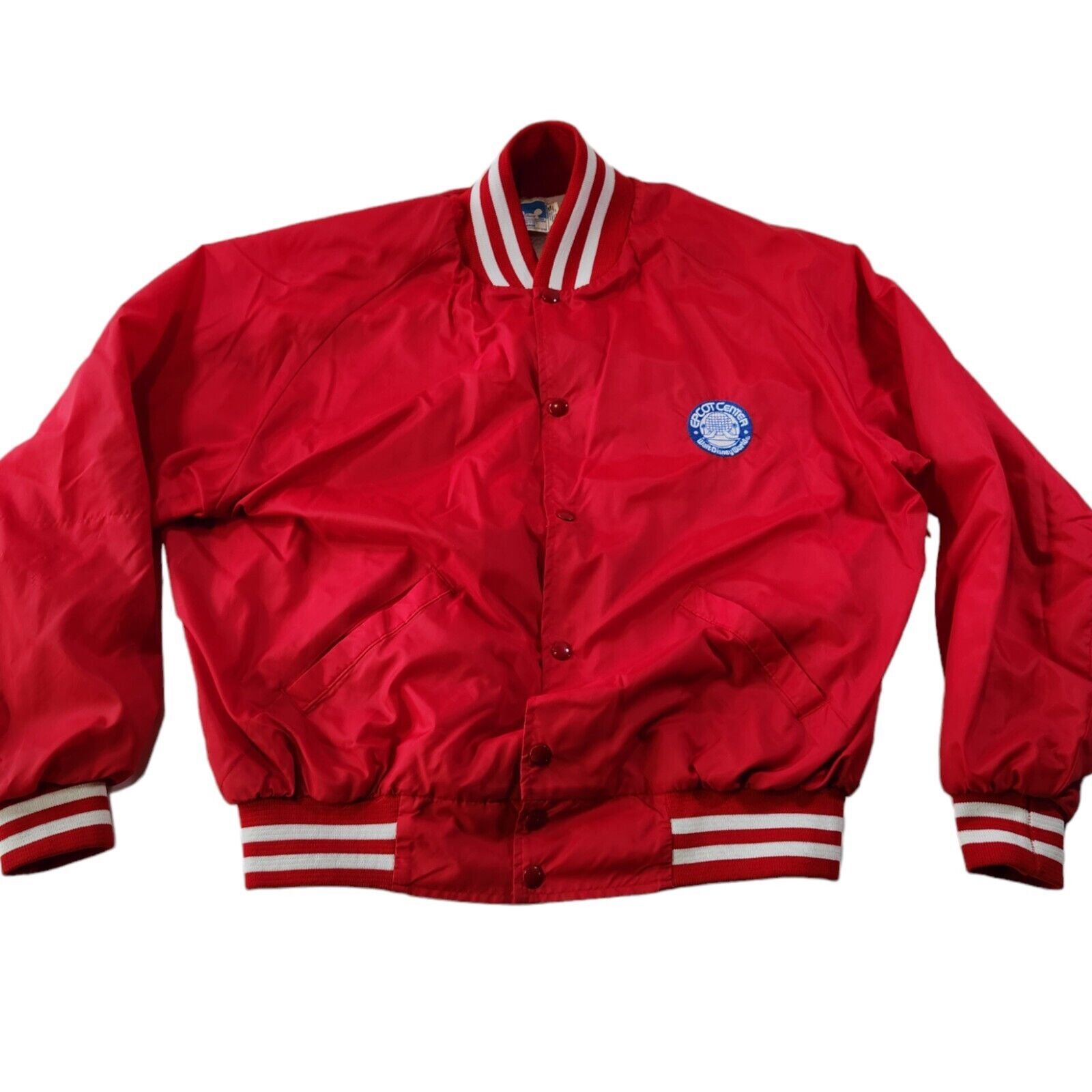 Vtg 80s Disney Character Fashions Epcot Center Red Satin Bomber Jacket Sz Large