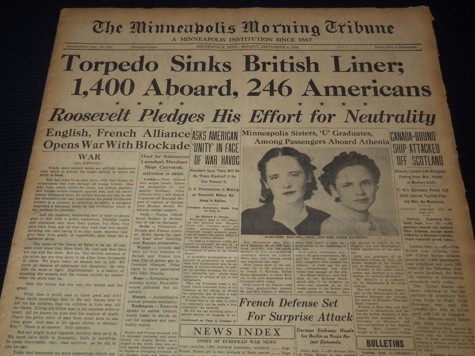 1939 SEPT 4 MINNEAPOLIS MORNING TRIBUNE - TORPEDO SINKS BRITISH LINER - NT 9520