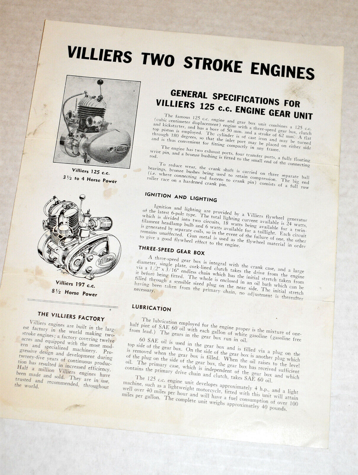 Villiers Two Stroke Engines 1950s U.S. Brochure~Villiers 125cc & Villiers 197cc