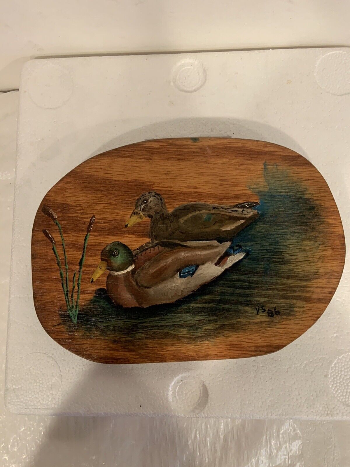 Vntg Wooden Mallard Duck Hand Painted Plaque Rare Signed VS 1986 NICE See Photos