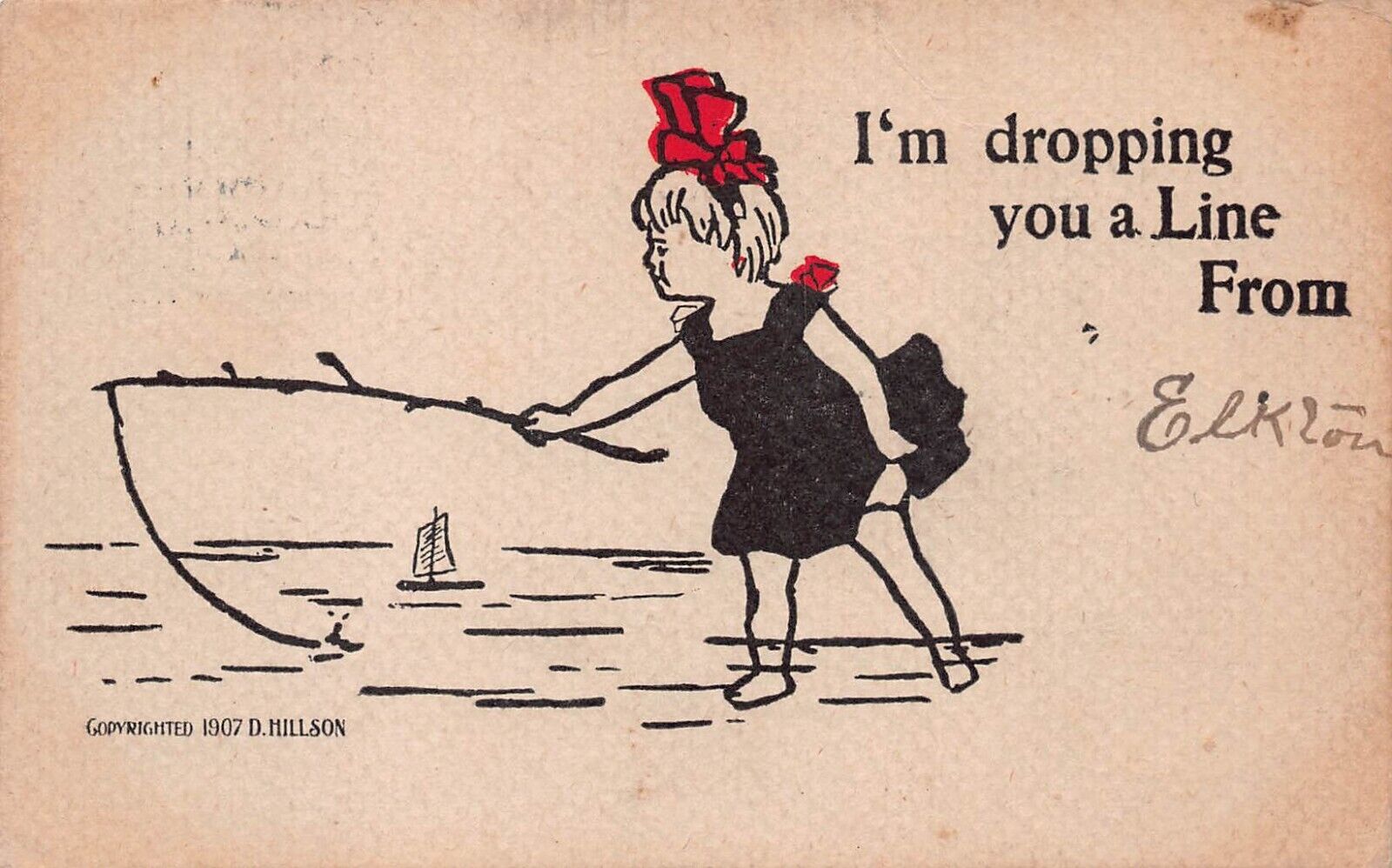 Arts Crafts 1907 Fishing girl Comic Humor artist to Dowler Fam Vtg Postcard D32