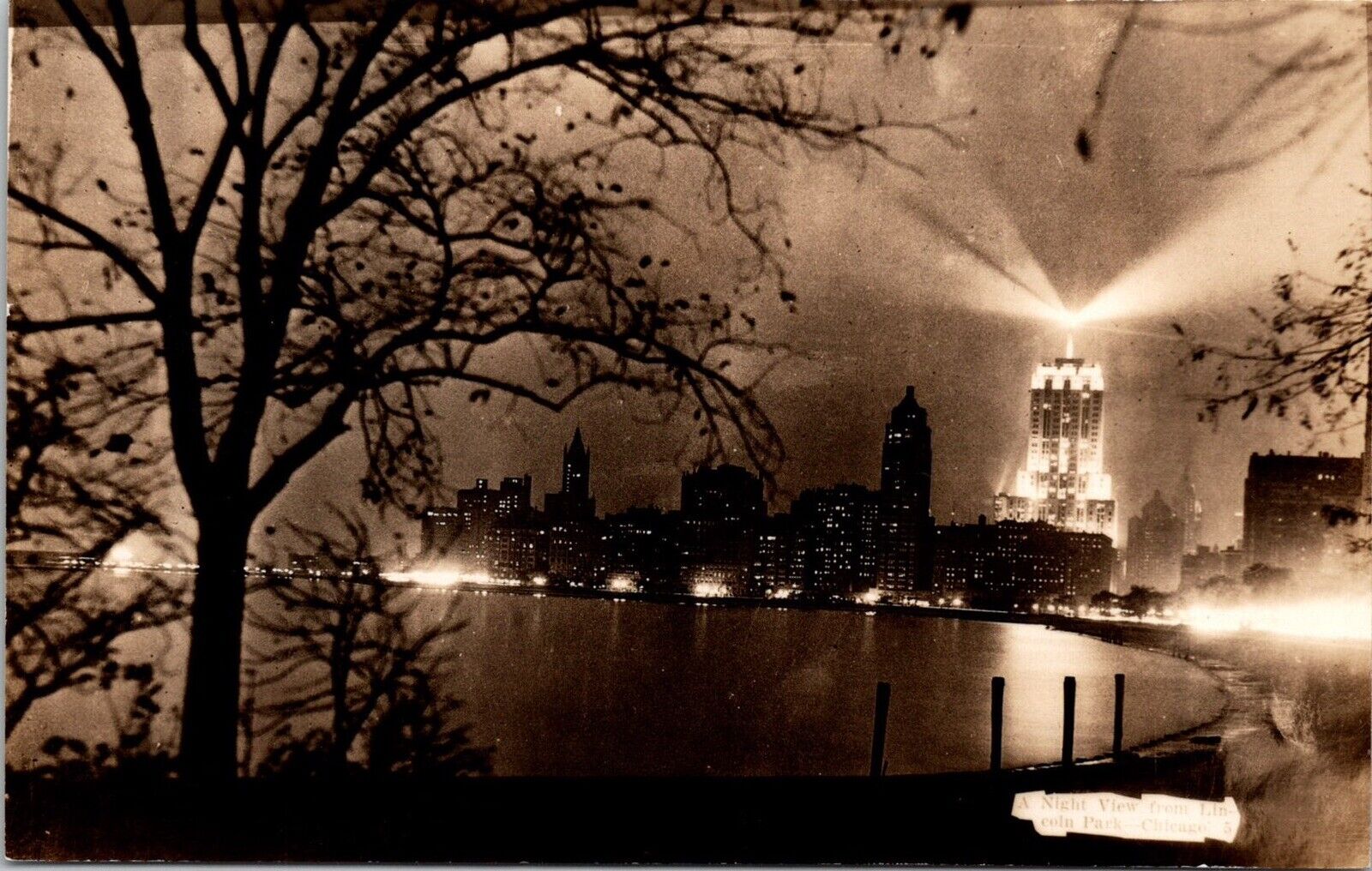 1940s Real Photo Postcard Chicago Illinois A Night View from Lincoln Park Unused