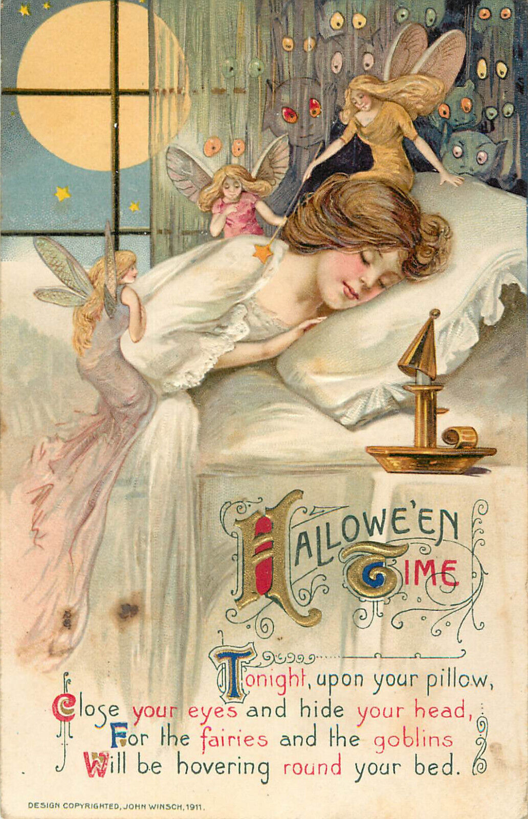 Winsch Schmucker Halloween Time Postcard Fairies Lovely Sleeping Woman Goblins