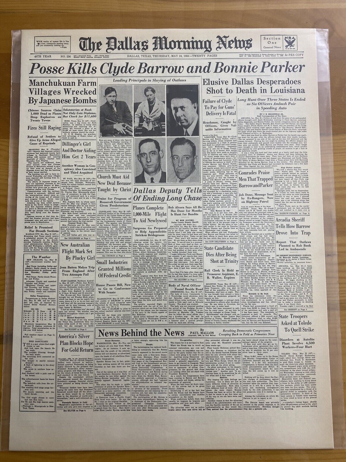 VINTAGE NEWSPAPER HEADLINE ~ROBBERS BONNIE PARKER & CLYDE BARROW SHOT DEAD 1934