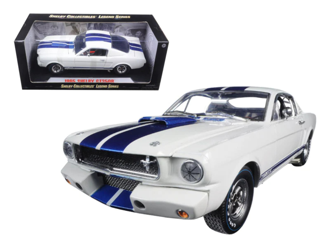 1965 Ford Mustang Shelby GT350R White with Blue Stripes and Printed Carroll Shel