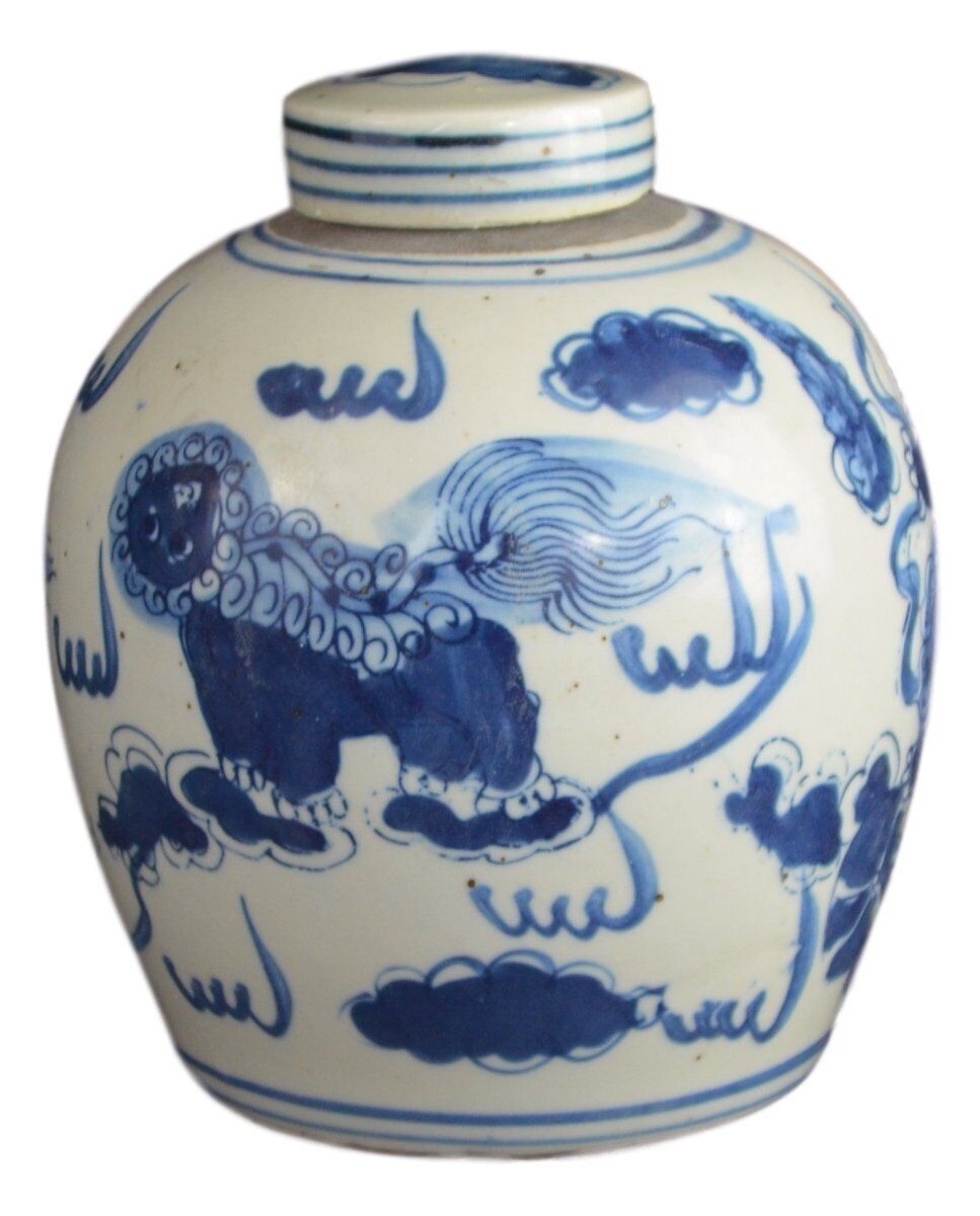 Retro Antique Like Style Blue and White Porcelain Lion Dancing Ceramic Covere...