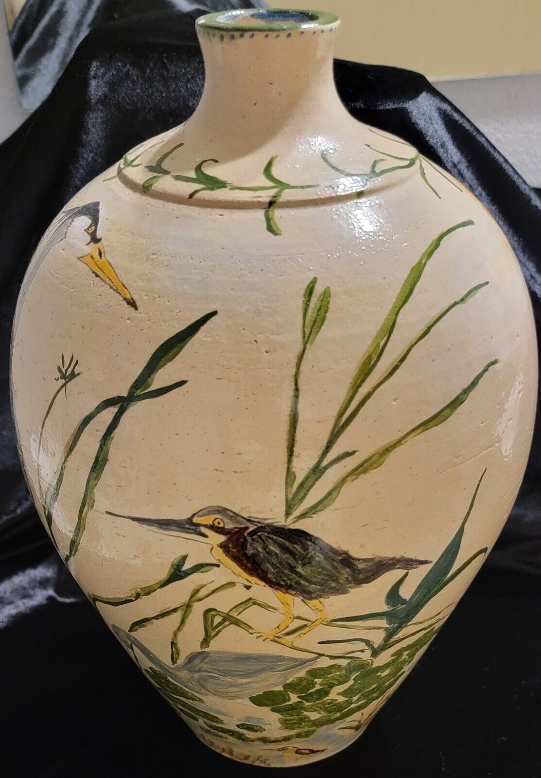 Handpainted Large Vintage Bird Design Signed Vase 14 Inches Dated 