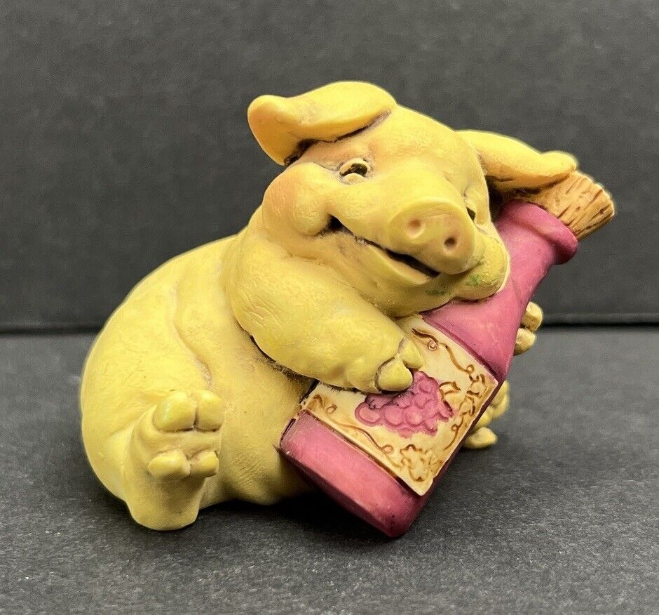 Vintage Pigsville Figurine Figure 1992 #1303 Pig Holding Wine Bottle Small