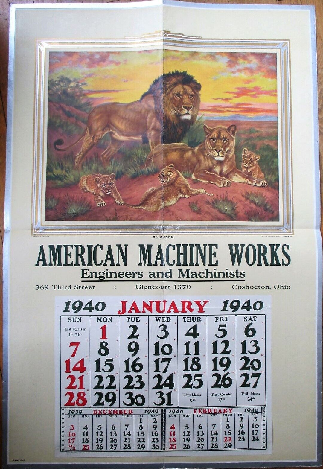 Coshocton, OH 1940 Advertising Calendar/29x43 Poster: Lion Family, Machine Works
