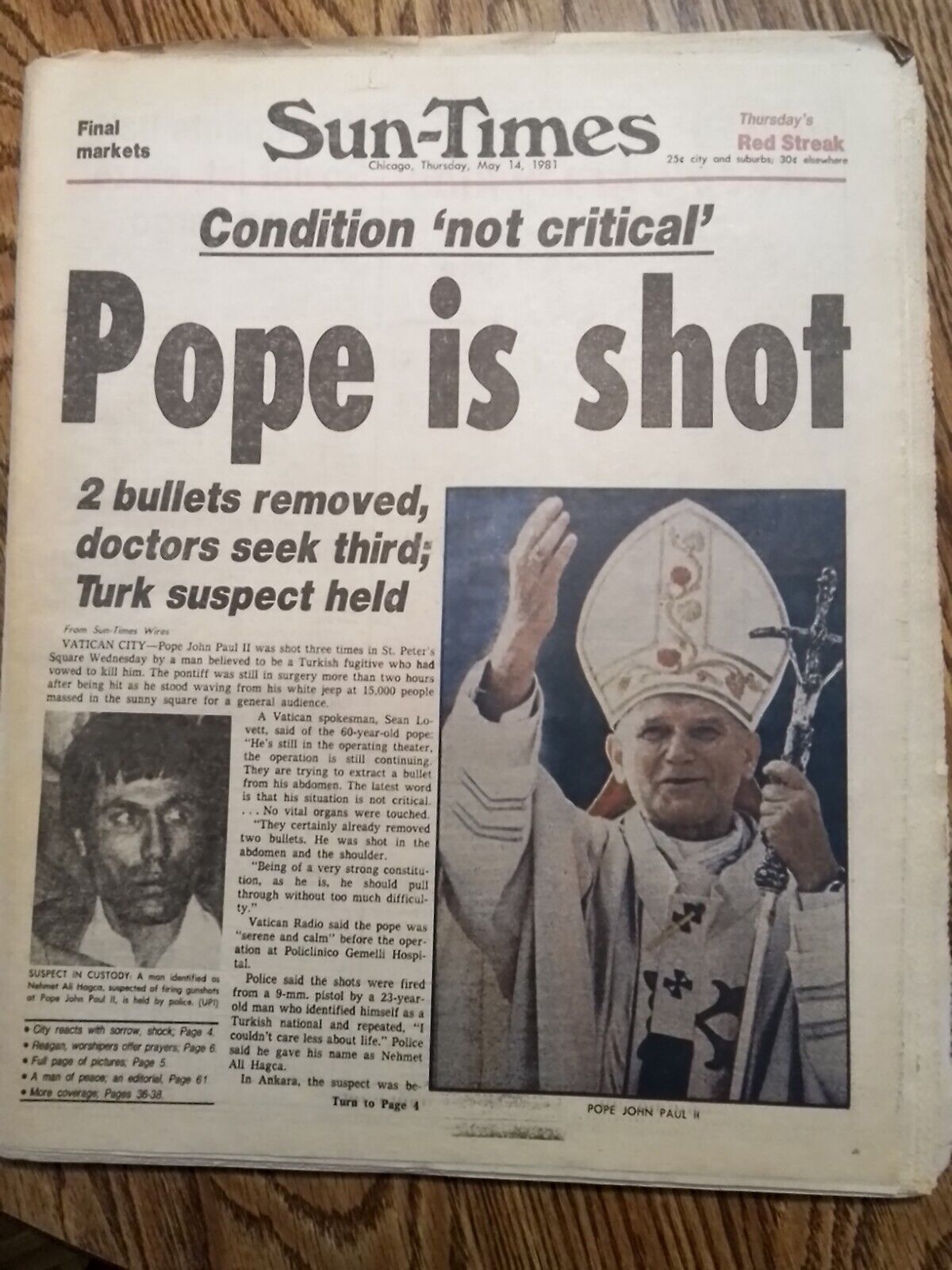 Original May 14, 1981 Chicago Sun-Times  Newspaper Pope is Shot