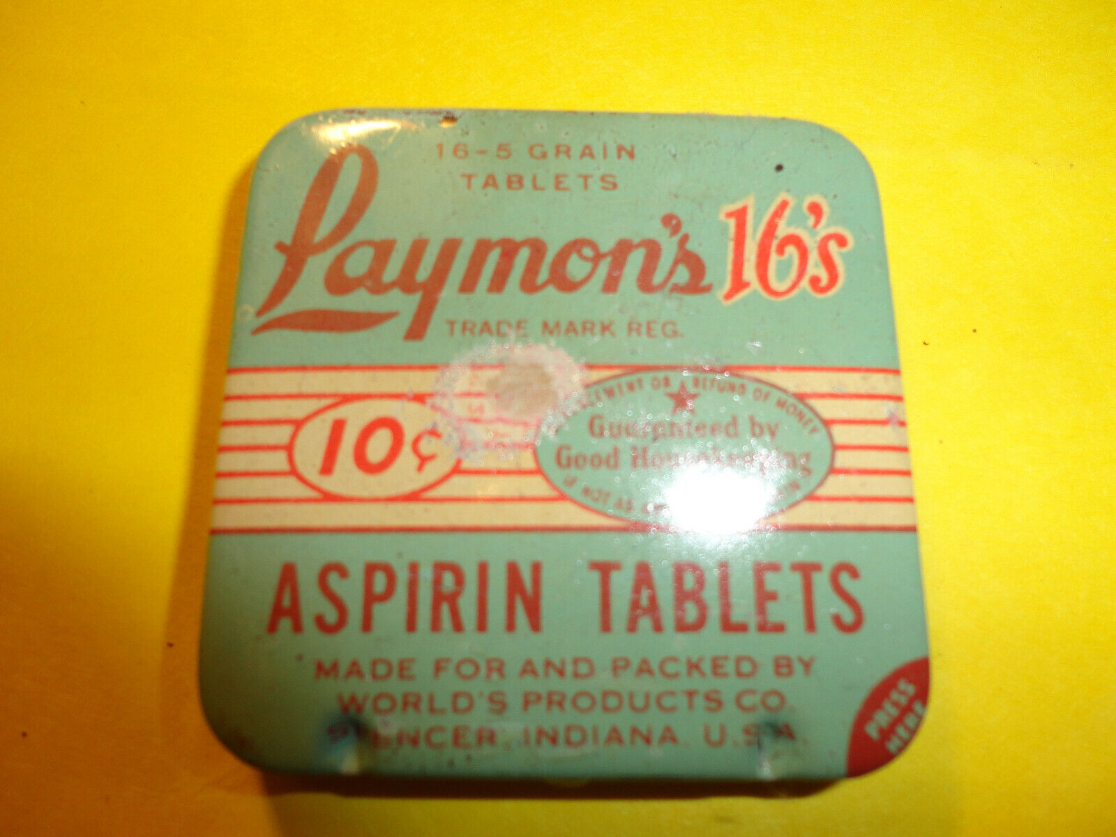 1930-40\'S LAYMON\'S 16\'S ASPIRIN TABLETS TIN-WORLD PRODUCTS-SPENCER IND-HEADACHES