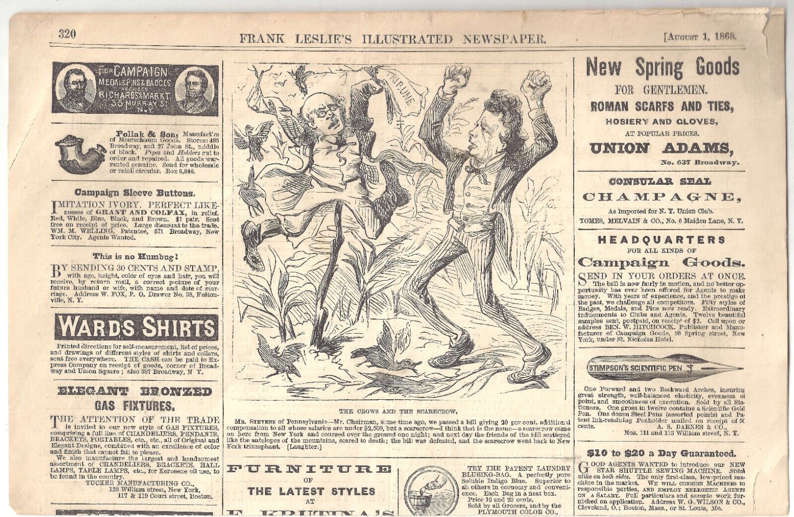 1868 Leslie\'s Illus. Pol. Cartoon & Campaign Badge Ad ~ GRANT Greeley STEVENS