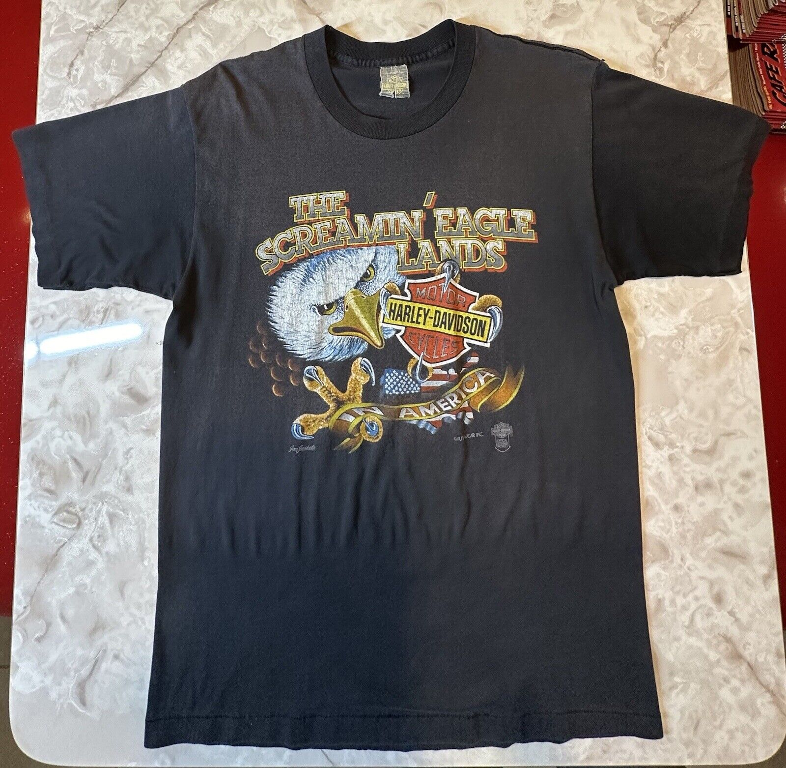 Vtg 80s Harley Davidson T Shirt  Screamin’ Eagle Fun Wear M/L, Worn Thin