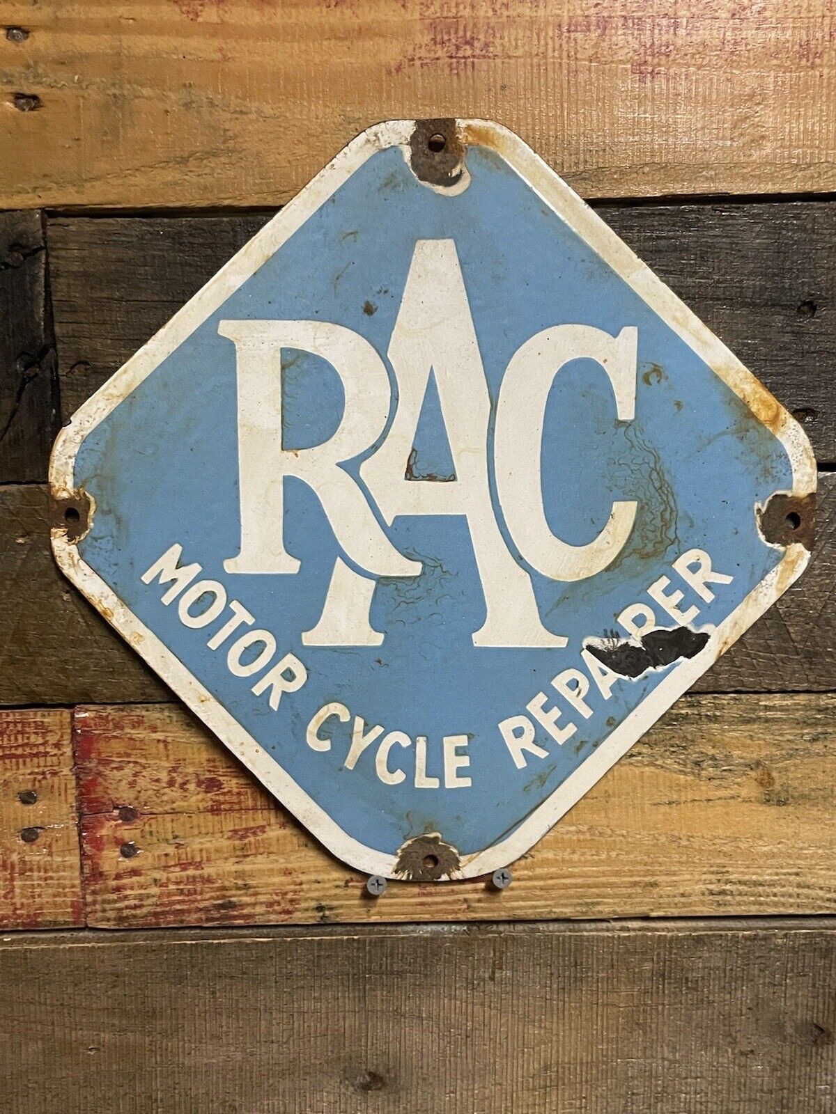 VINTAGE RAC PORCELAIN SIGN BRITISH ROYAL AUTOMOBILE CLUB MOTORCYCLE REPAIRERS