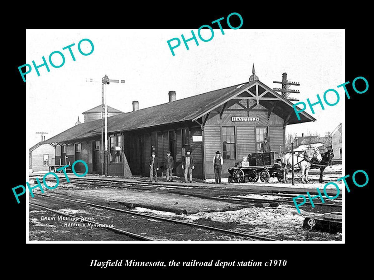 OLD 8x6 HISTORIC PHOTO OF HAYFIELD MINNESOTA THE RAILROAD DEPOT STATION c1910